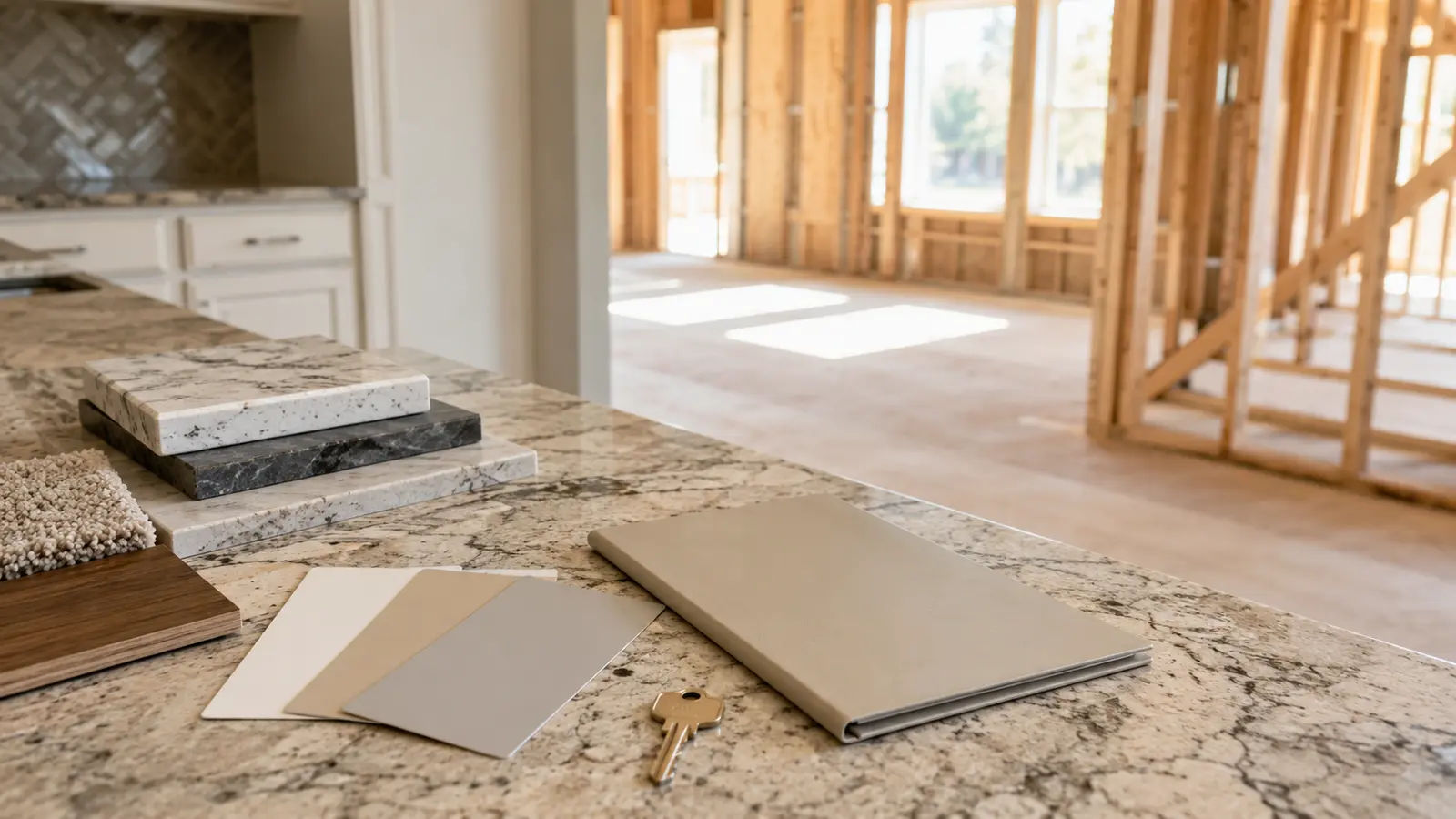 Home finish samples, a blank folder, and a key inside a new home under construction