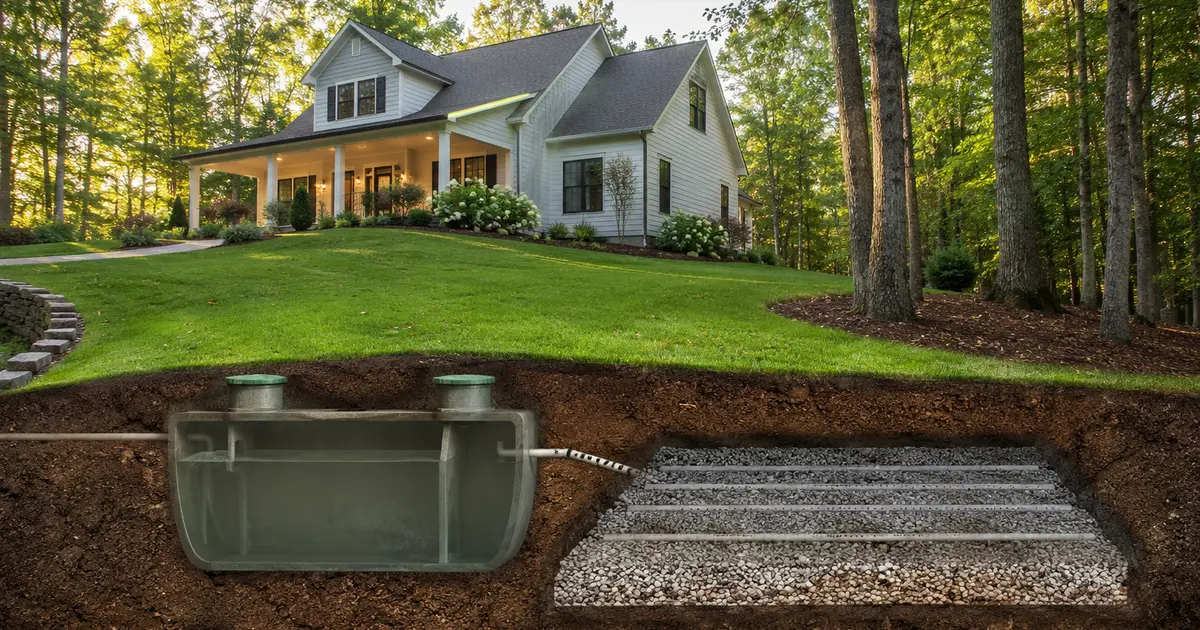 North Georgia home with a cutaway view of a buried septic tank and absorption field