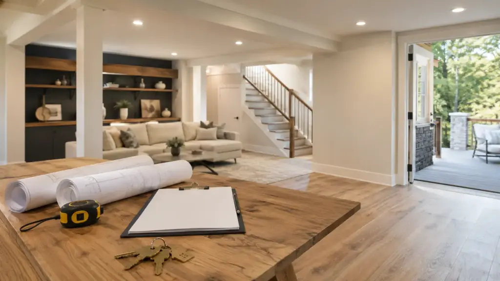 Renovation plans, measuring tape, and keys in a finished basement prepared for a pre-listing permit review