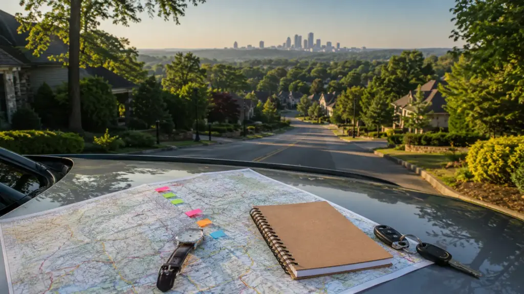 Map, watch, notebook, and keys on a car overlooking a leafy northwest Atlanta suburb and distant skyline.