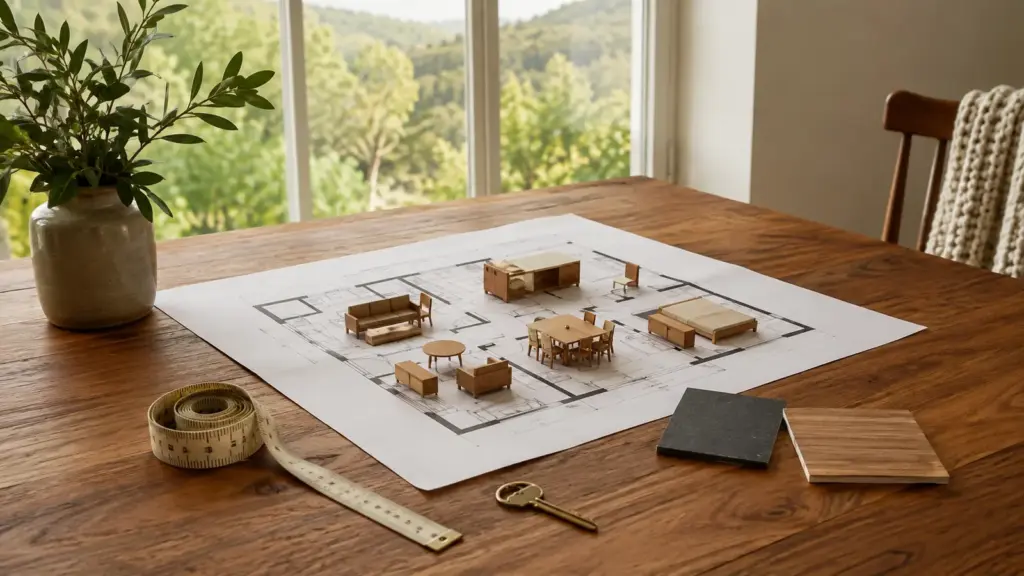Scale furniture models on a floor plan beside a measuring tape and house key