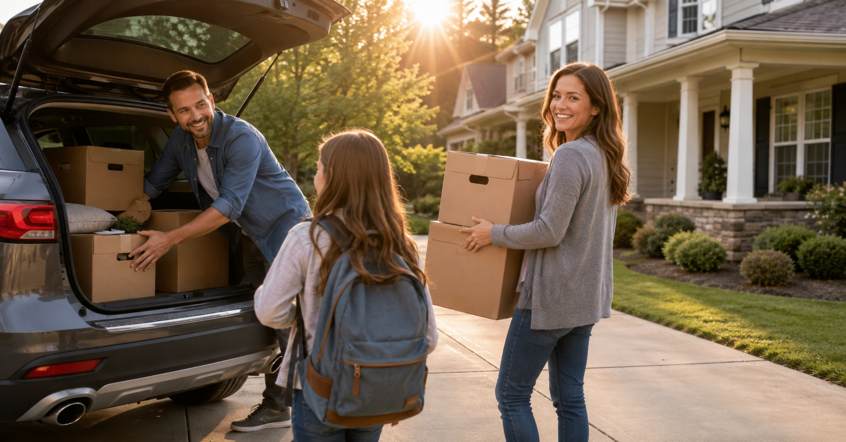 August move-out morning in a suburban driveway with boxes and a backpack visible