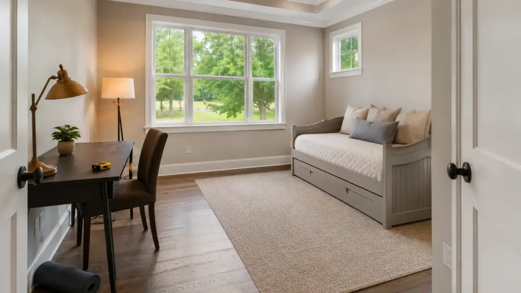 Bright flex room staged with a desk, daybed, and a clear walking path