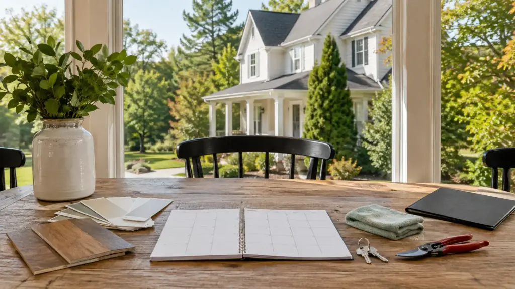 A six-week home-selling planner, maintenance tools, material samples, and keys in front of a bright suburban home