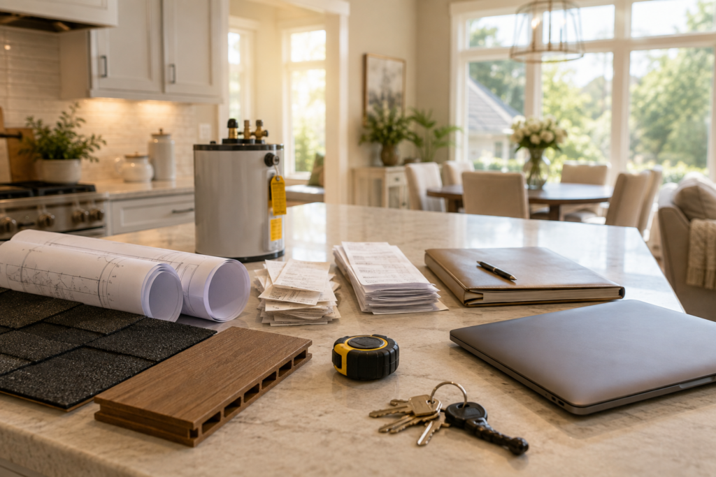 Permit records and home improvement documents arranged on a kitchen island for a North Georgia home-selling article