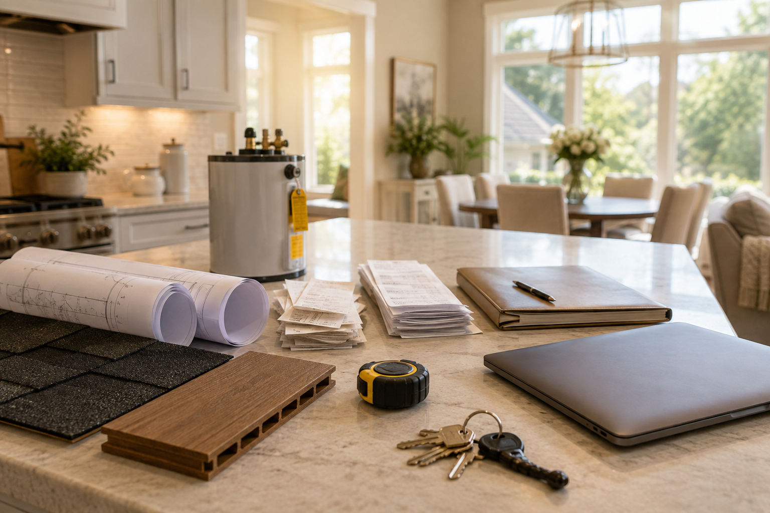 Permit records and home improvement documents arranged on a kitchen island for a North Georgia home-selling article