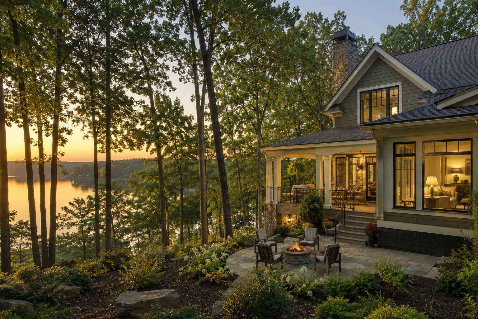 Wooded Lake Allatoona area home with water views through trees at sunset