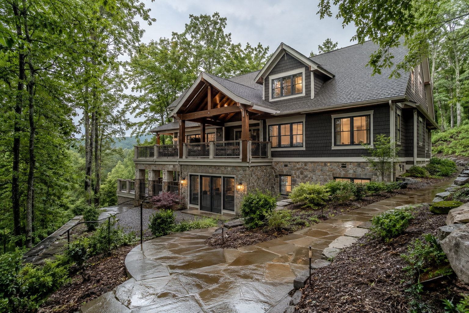 North Georgia hillside home with a daylight basement after summer rain