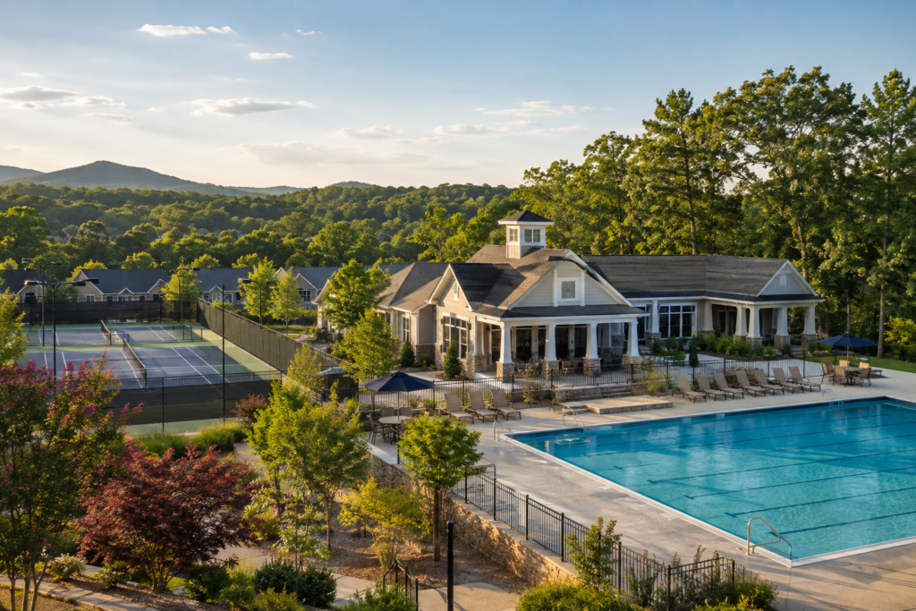 Neighborhood pool, tennis courts, and clubhouse in a Cherokee or Cobb County swim-tennis community