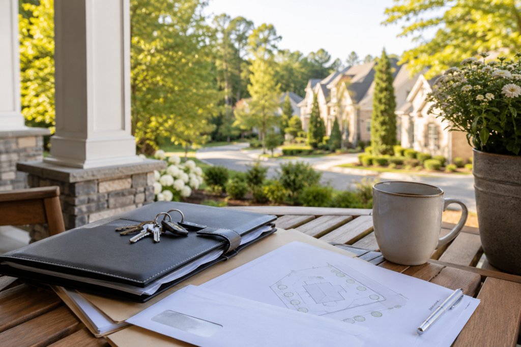 Closing folder, keys, and county paperwork on a sunny North Georgia front porch table