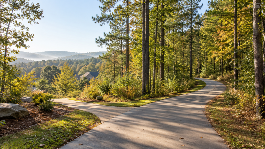 Paved greenway meeting a neighborhood access path in a wooded North Georgia setting