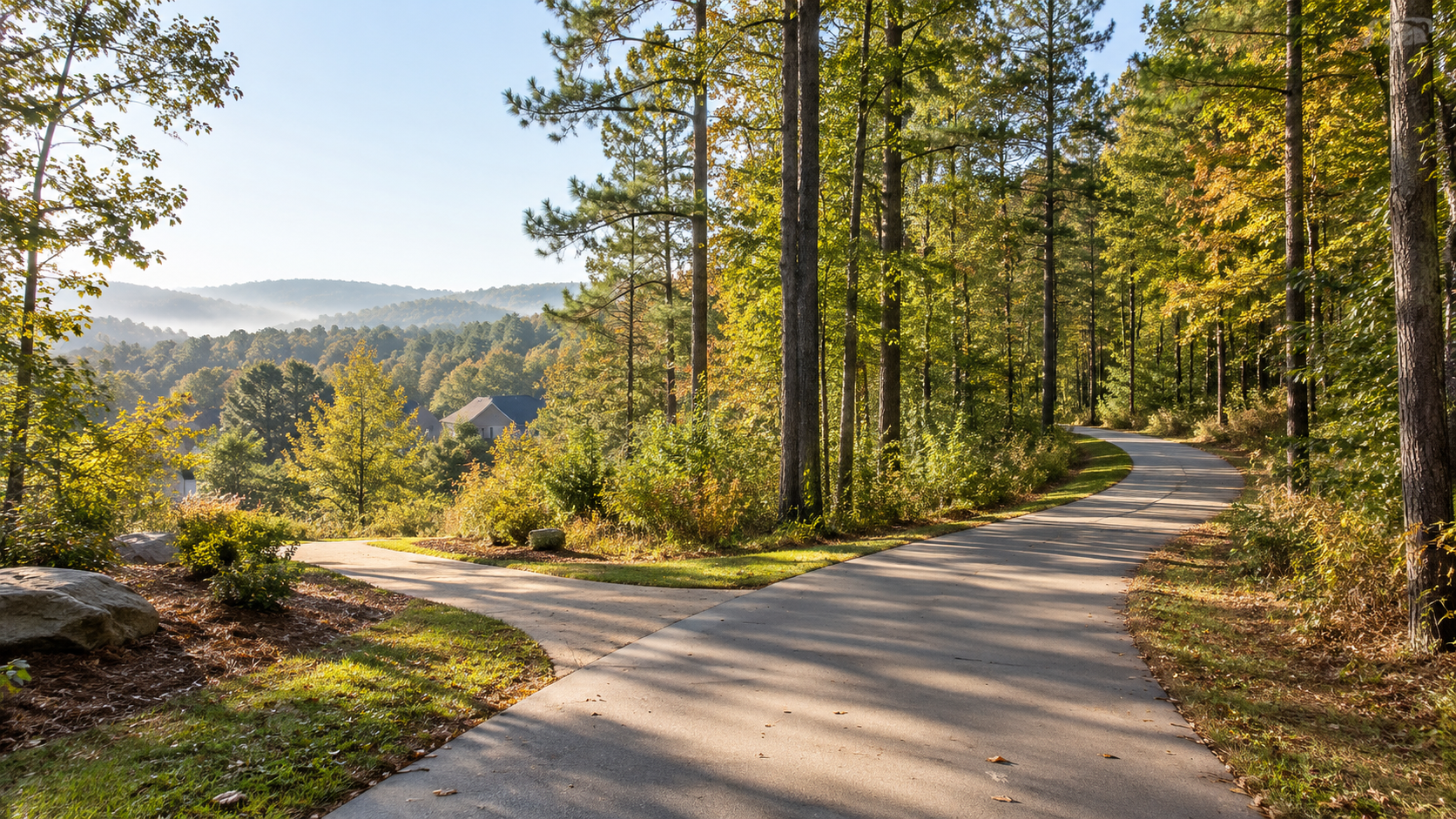 Paved greenway meeting a neighborhood access path in a wooded North Georgia setting
