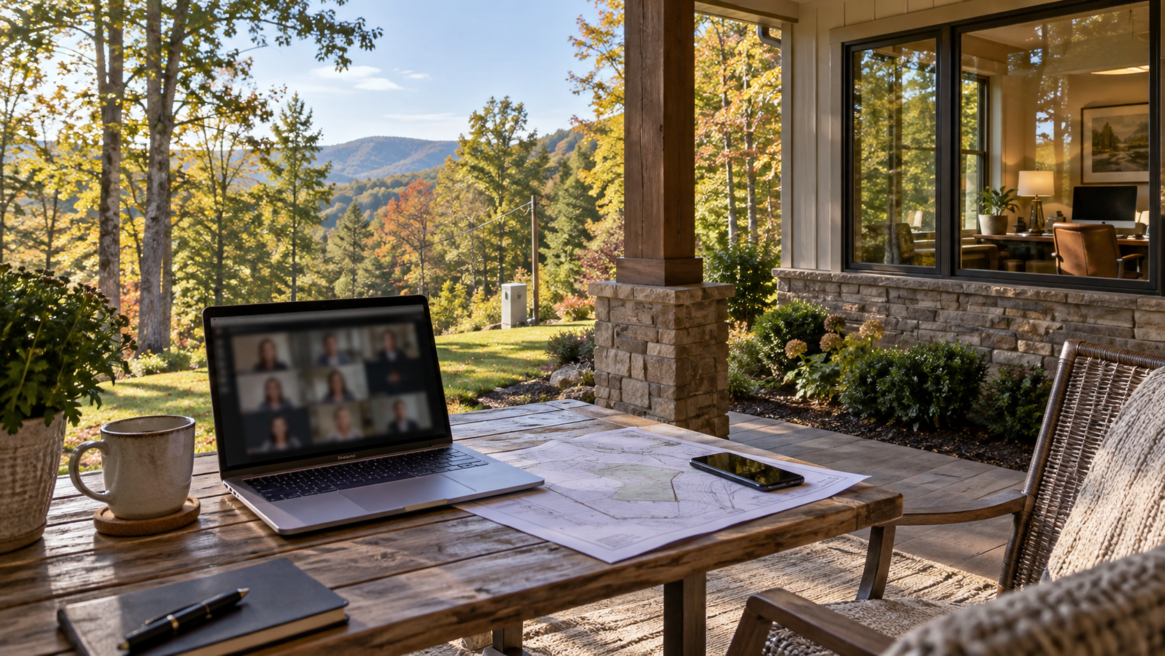 A North Georgia home office overlooking a wooded mountain property with a laptop prepared for a video call