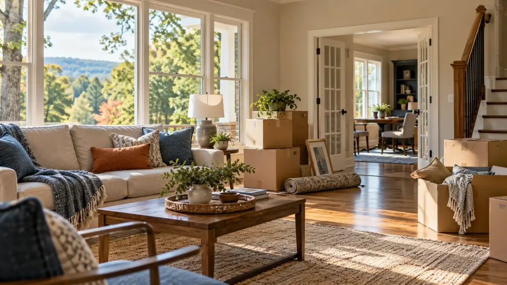 Partially packed North Georgia living room representing a coordinated home sale and purchase