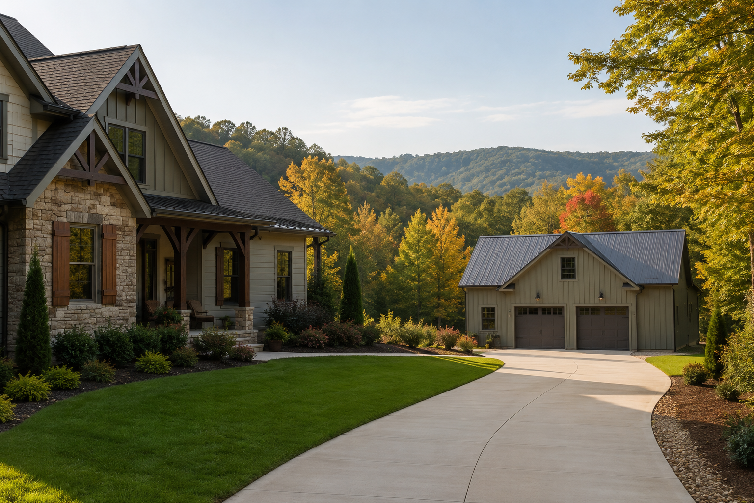 Detached workshop behind a North Georgia home with driveway and trees