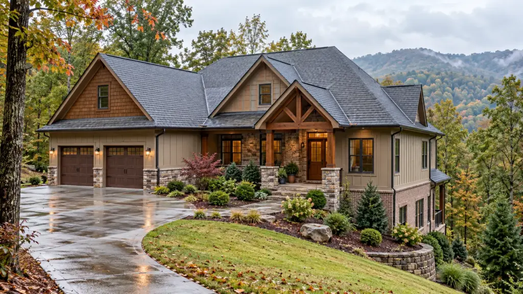 North Georgia home showing roof, mature trees, drainage and lower-level features buyers can discuss with an insurance agent