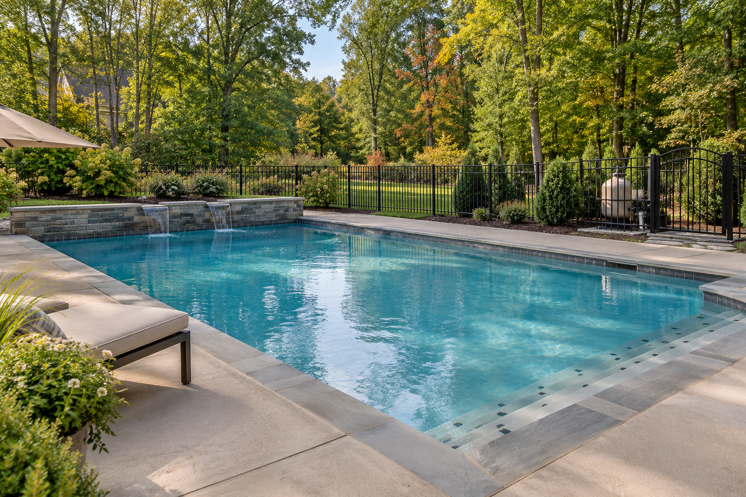 Backyard swimming pool with safety fence, gate, and pool equipment in a wooded North Georgia setting