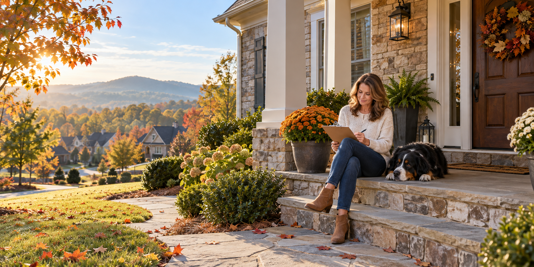 Editorial early-fall North Georgia homeowner scene representing a September home maintenance reset in Cherokee or Cobb County