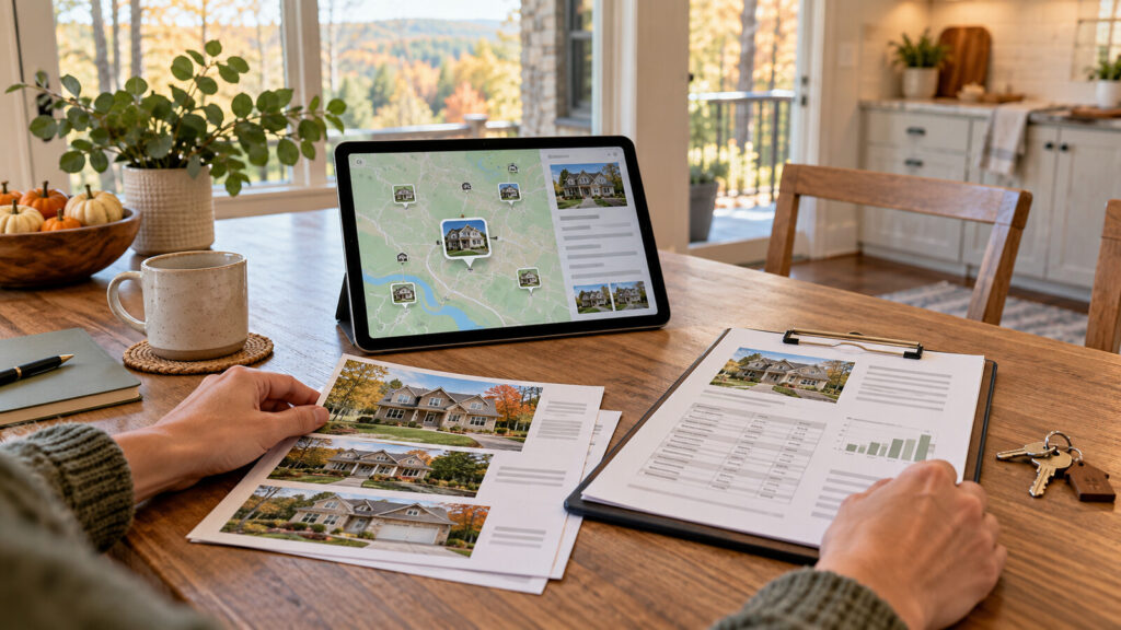 Homeowner reviewing local comparable sales, an automated estimate, and an appraisal-style report at a kitchen table.