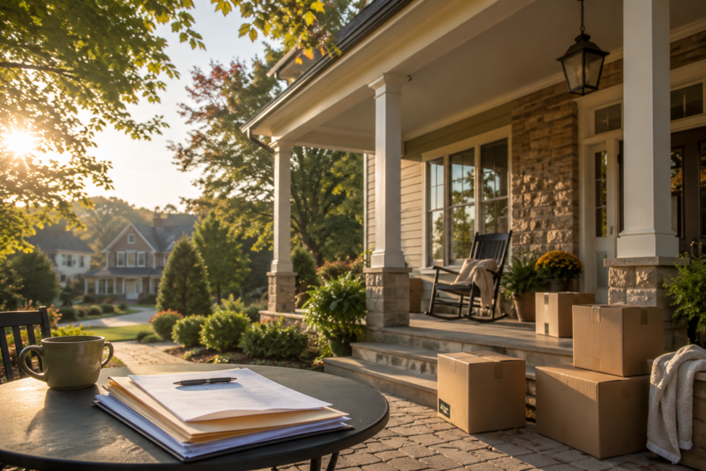 Editorial North Georgia inherited-home scene with front porch, boxes, and property papers
