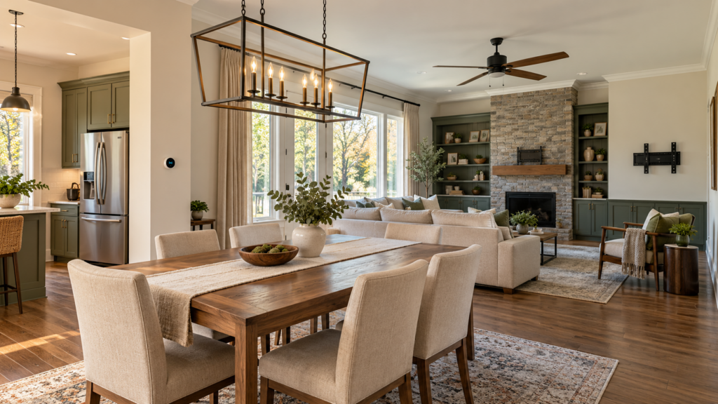 North Georgia home interior showing built-ins, mounted fixtures, window treatments, smart thermostat, and movable appliances