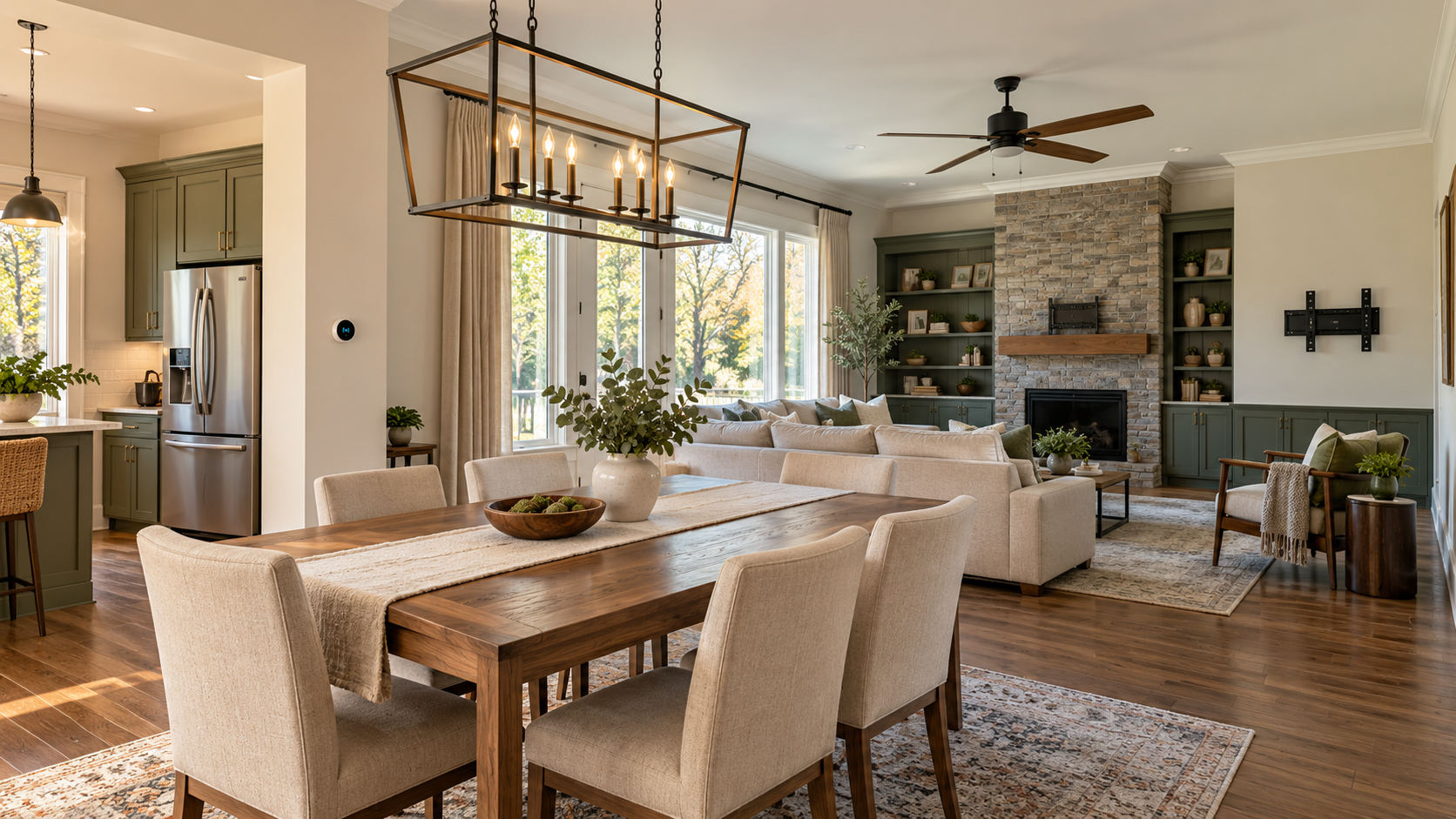North Georgia home interior showing built-ins, mounted fixtures, window treatments, smart thermostat, and movable appliances