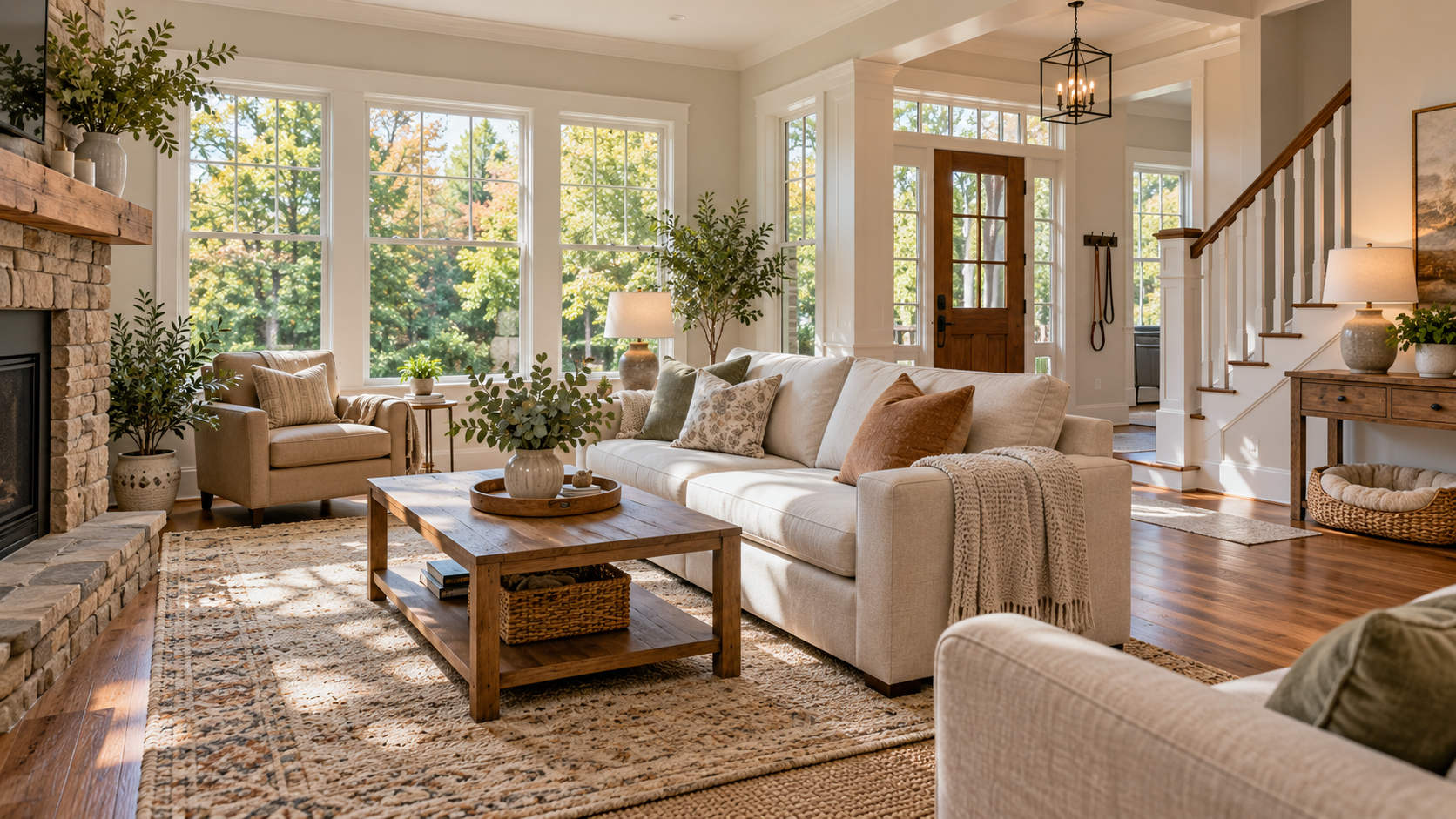 A clean, showing-ready North Georgia living room prepared for buyers while the household pet is safely away